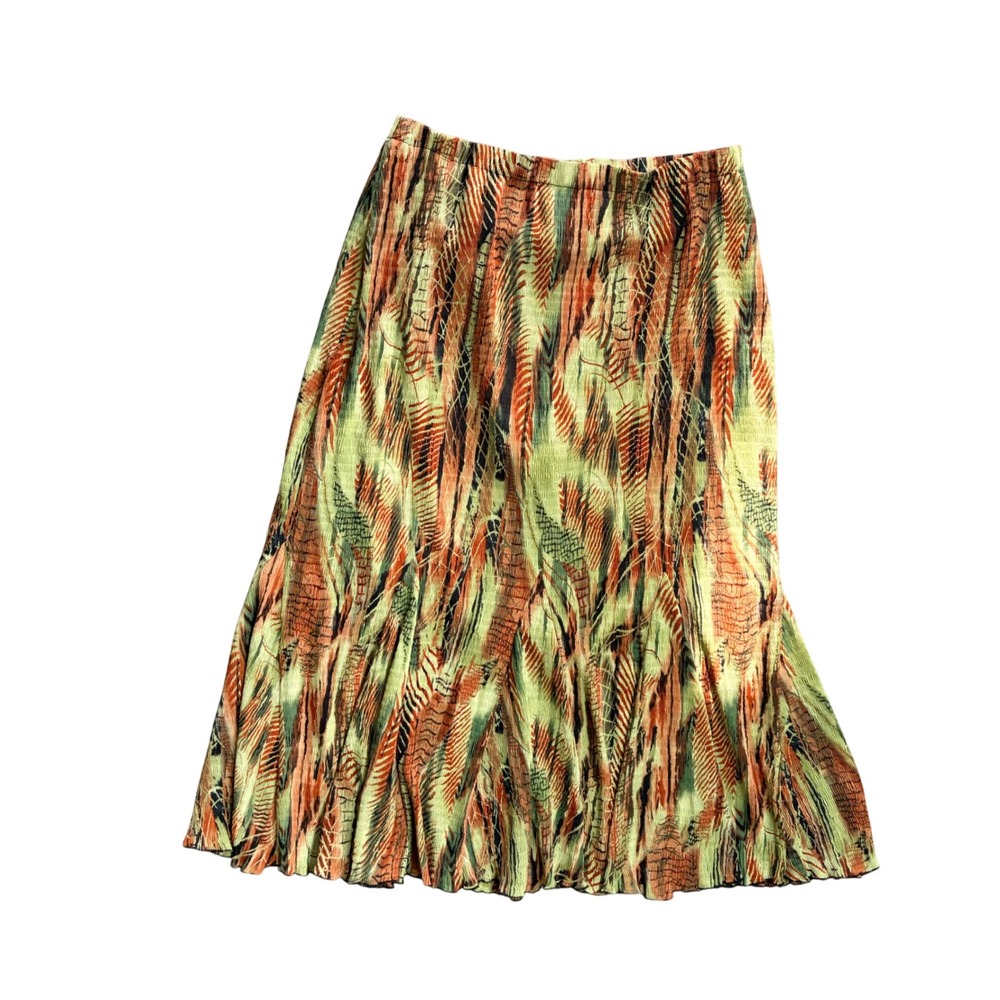 Flair Womens Abstract Print Crinkle Midi Skirt Green Rust Elastic Waist Size L